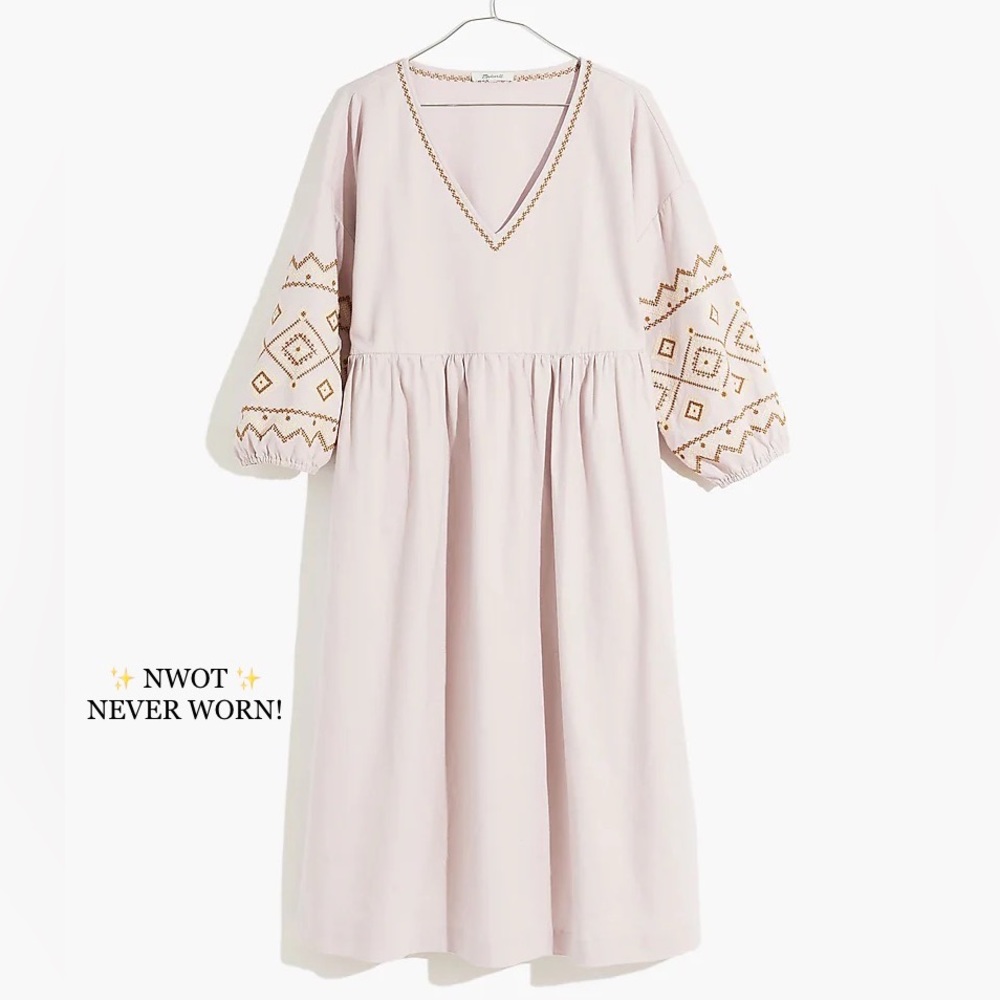 Madewell Embroidered-Sleeve Popover Midi Dress - Blush Pink - XS, Linen & Cotton